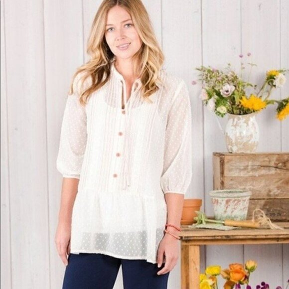 Matilda Jane Light the Way Tunic Blouse Swiss Dot Peplum Babydoll Sheer Top M - Picture 1 of 12